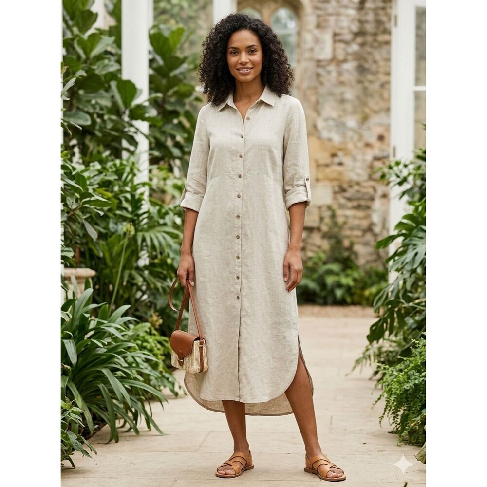 Charlie B 100% Linen Maxi Shirt Dress Made in Italy Roll Tab Sleeve Tan Medium M